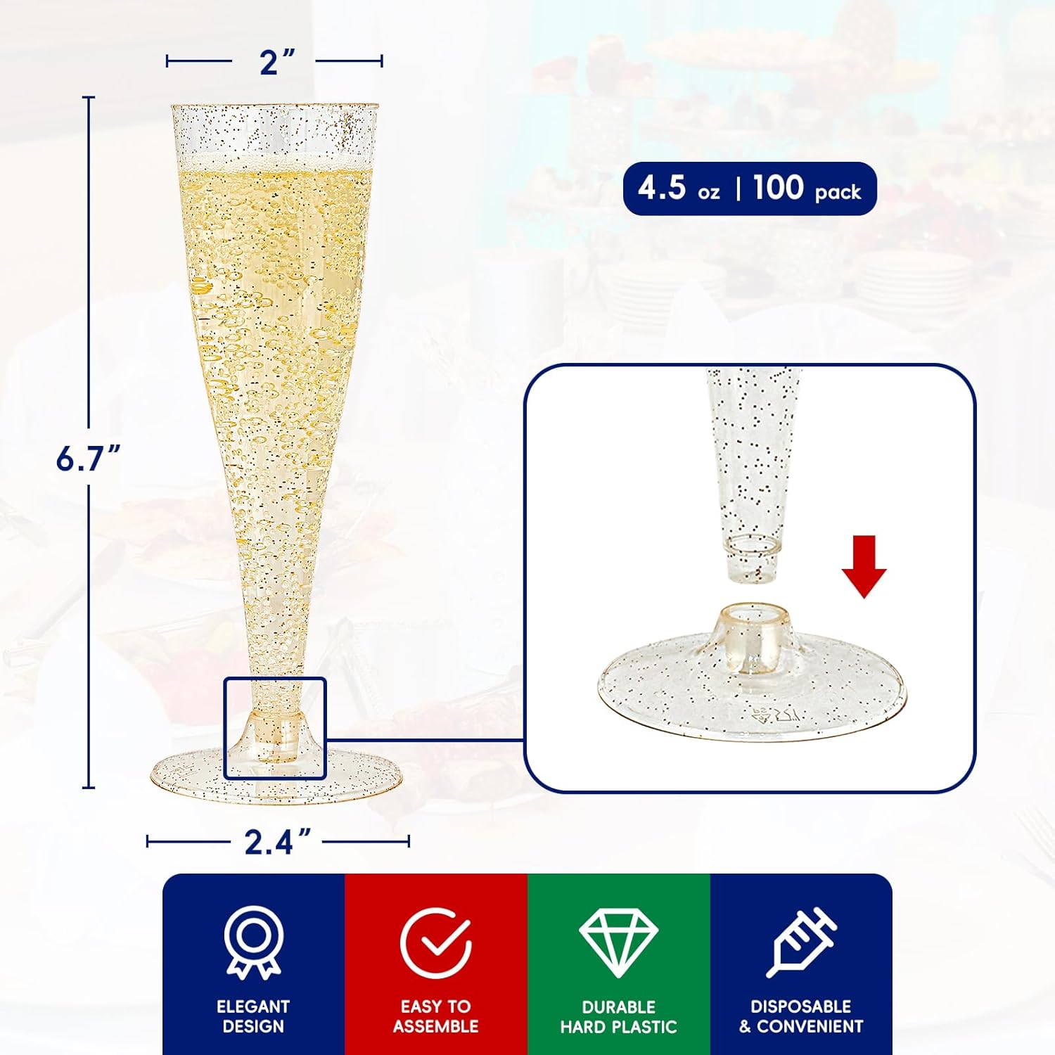 JOLLY CHEF 100 Pack Plastic Champagne Flutes Disposable 4.5 oz Gold Glitter Plastic Champagne Glasses for Wedding, Thanksgiving Day, Christmas