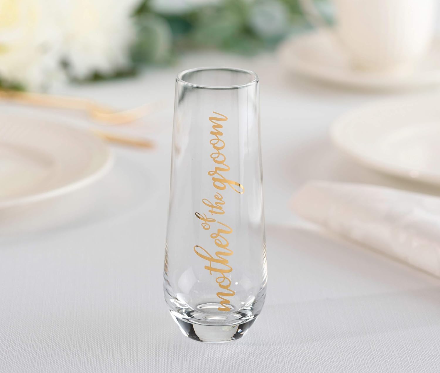 Lillian Rose Mother of Groom Stemless Champagne Wedding Toasting Glass, 2x2x5.75, Gold (G116 MG)