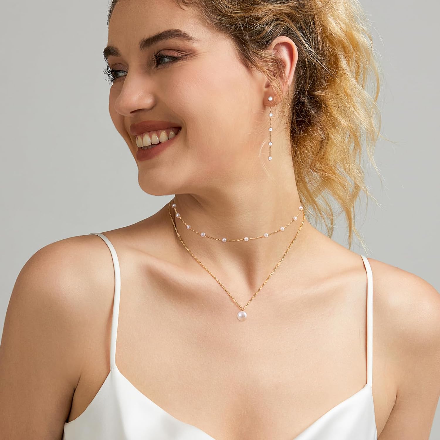 Gold Jewelry Set for Women – Dainty 14K Gold/Silver Plated Pearl Choker Necklace, Drop Earrings & Bracelets – Wedding Trendy Pearl Jewelry Gift