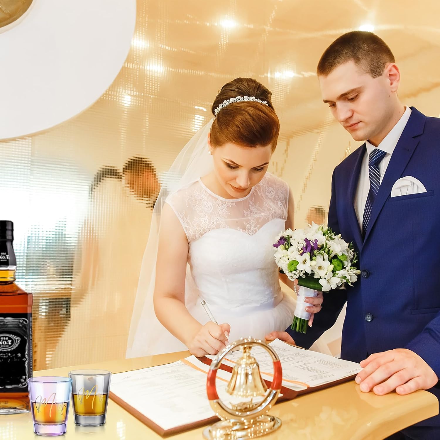 Sumind 2 Pcs Mr and Mrs Bride and Groom Wedding Wine Glasses Funny Bride 2 oz Mr and Mrs Engagement Gift Stemless Wine Glass for Newlyweds Couples(Black Lettering)