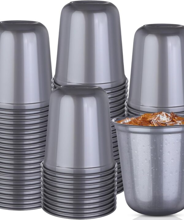 100 Pcs Disposable Stemless Glasses Plastic Wine Glasses Classic PET Drinking Cup Bulk for Meeting Weddings Birthday Cocktail Christmas Party Supplies (Silvery, 12, ounces)