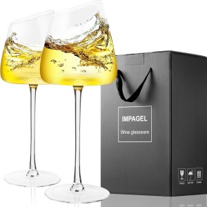 Slanted White Wine Glasses Set of 2, Modern No-lead Hand-Blown Long Stem Red Wine glasses,Premium Crystal Clear Glass with Unique Concave Base,Gift Box-for Anniversary,Wedding,and Christmas-13.5 oz