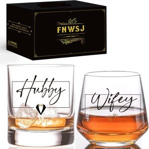 Hubby & Wifey Wine & Whiskey Glass Set - Wedding Gifts for Couples 2025, Mr & Mrs Personalized Glass, Couple Gifts for Him and Her, Bridal Shower Gift, Bride and Groom Shot Glass -11