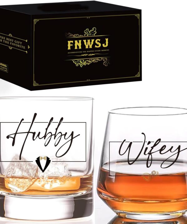 Hubby & Wifey Wine & Whiskey Glass Set - Wedding Gifts for Couples 2025, Mr & Mrs Personalized Glass, Couple Gifts for Him and Her, Bridal Shower Gift, Bride and Groom Shot Glass -11