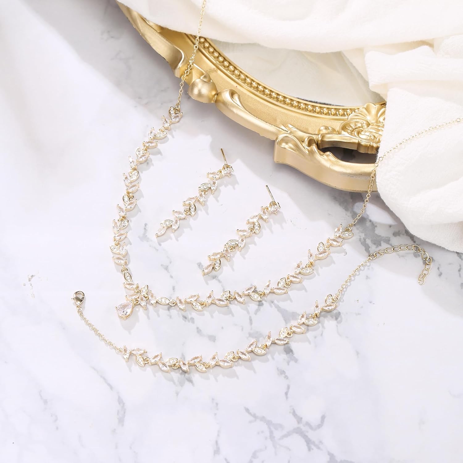 BriLove Wedding Bridal Jewelry for Women Cubic Zirconia Marquise Teardrop Leaf Cluster Y-Necklace Dangle Earrings Link Bracelet Set