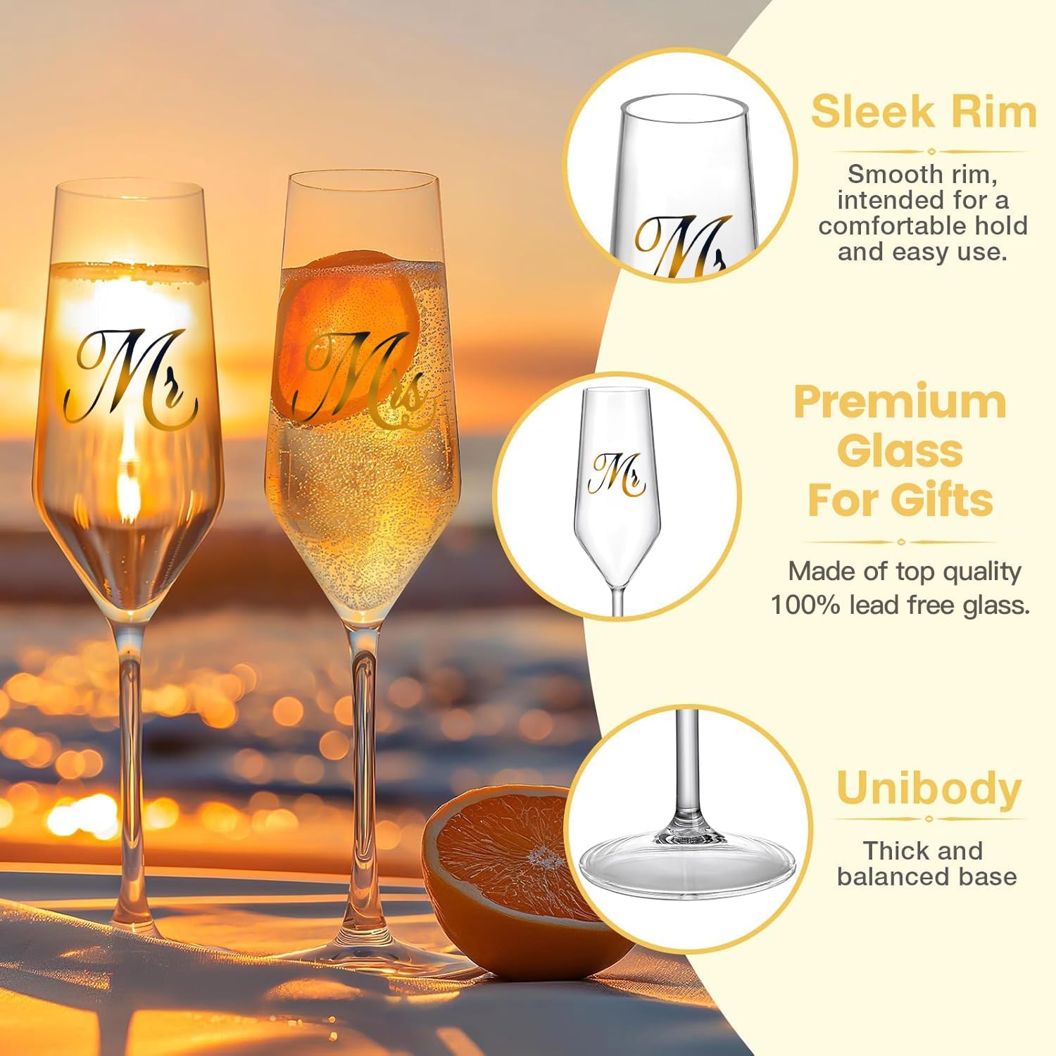 Mfacoy Mr. & Mrs. Champagne Flute Set, Wedding Decor – His and Hers, Wedding Toasting Glasses for Engagement Celebrations, Bridal Shower and Registry Idea, Tall Wine Glasses for Bride and Groom Gifts