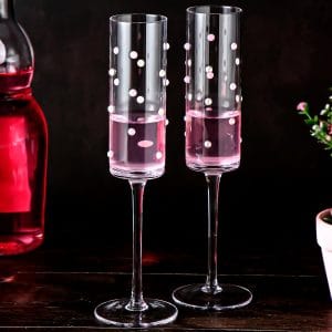 2 Pcs Pearl Wedding Champagne Flutes with Faux Pink and White Pearl 6 oz Clear Glass Long Stem Bride and Groom Toasting Glass for Bridal Shower, Wedding, Engagement, Anniversary for Couples