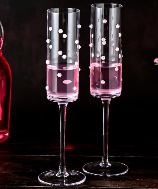 2 Pcs Pearl Wedding Champagne Flutes with Faux Pink and White Pearl 6 oz Clear Glass Long Stem Bride and Groom Toasting Glass for Bridal Shower, Wedding, Engagement, Anniversary for Couples