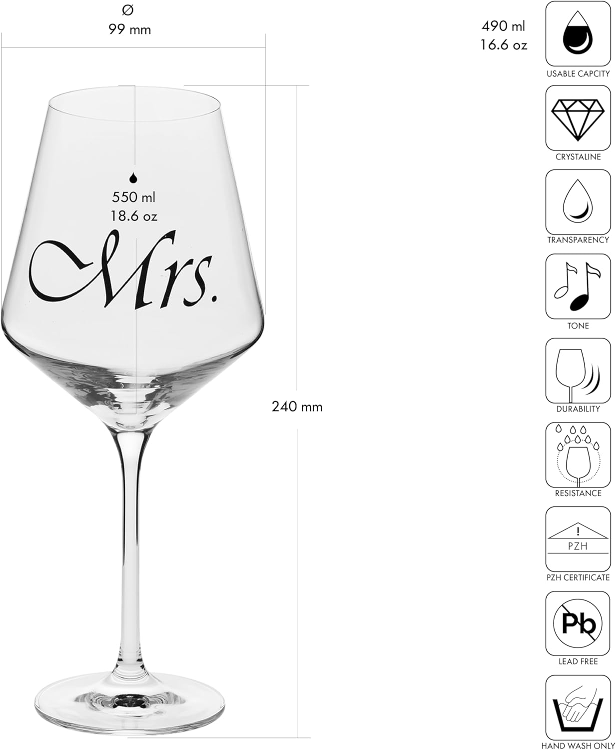 Krosno Mr & Mrs Wine Glasses, Set of 2, 18.6 oz, Avant-Garde Collection, Crystal Glass, Ideal Wedding Gift, Dishwasher Safe, Made in Europe