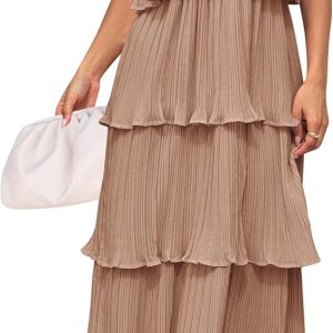 ZESICA Women's 2025 Summer Sleeveless Halter Neck Ruffle Tiered Layed Chiffon Flowy Swing Long Midi Dress