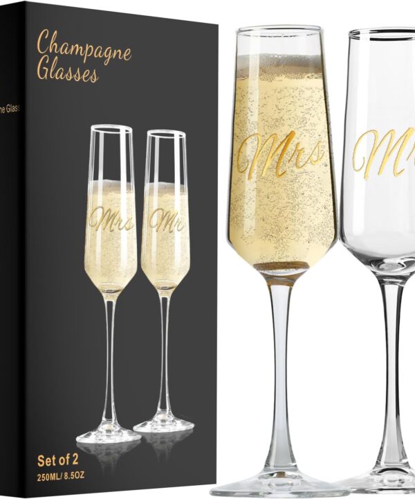 PARACITY Mr and Mrs Wedding Champagne Flutes Set of 2, Bride and Groom Champagne Glasses, Bridal Shower Gifts, Engagement Gift, 8.5oz/250ml