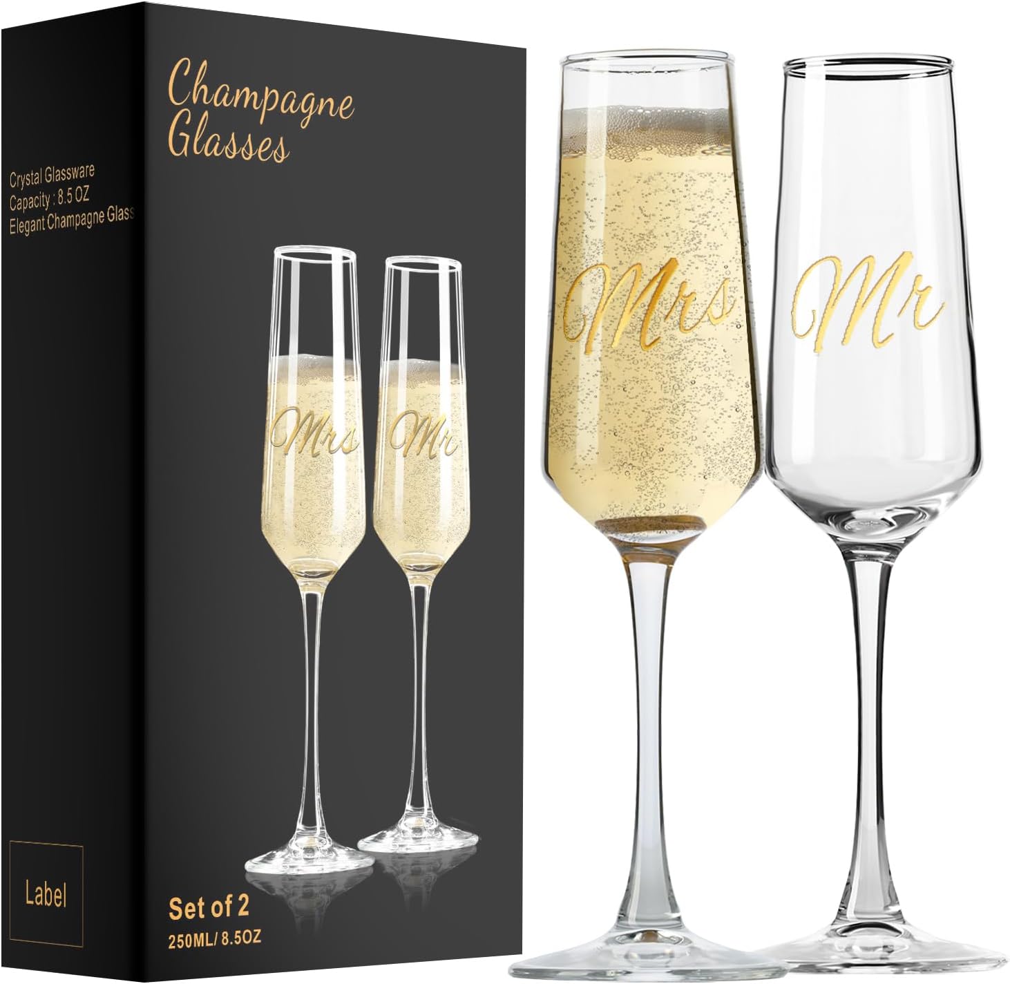 PARACITY Mr and Mrs Wedding Champagne Flutes Set of 2, Bride and Groom Champagne Glasses, Bridal Shower Gifts, Engagement Gift, 8.5oz/250ml