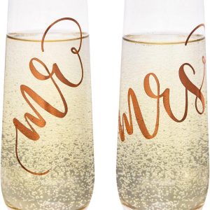 Juvale Mr & Mrs Champagne Flutes Set of 2-10 oz, 6 in, Clear Stemless Glass - Bridal Shower & Wedding Registry Gifts - Engagement Gift & Bride & Groom Glasses