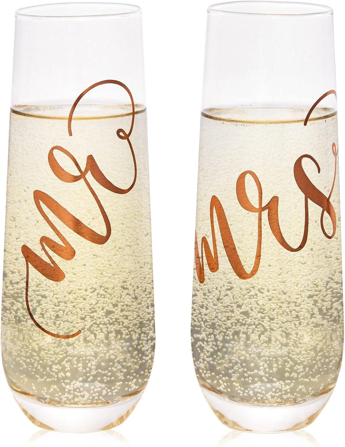 Juvale Mr & Mrs Champagne Flutes Set of 2-10 oz, 6 in, Clear Stemless Glass - Bridal Shower & Wedding Registry Gifts - Engagement Gift & Bride & Groom Glasses