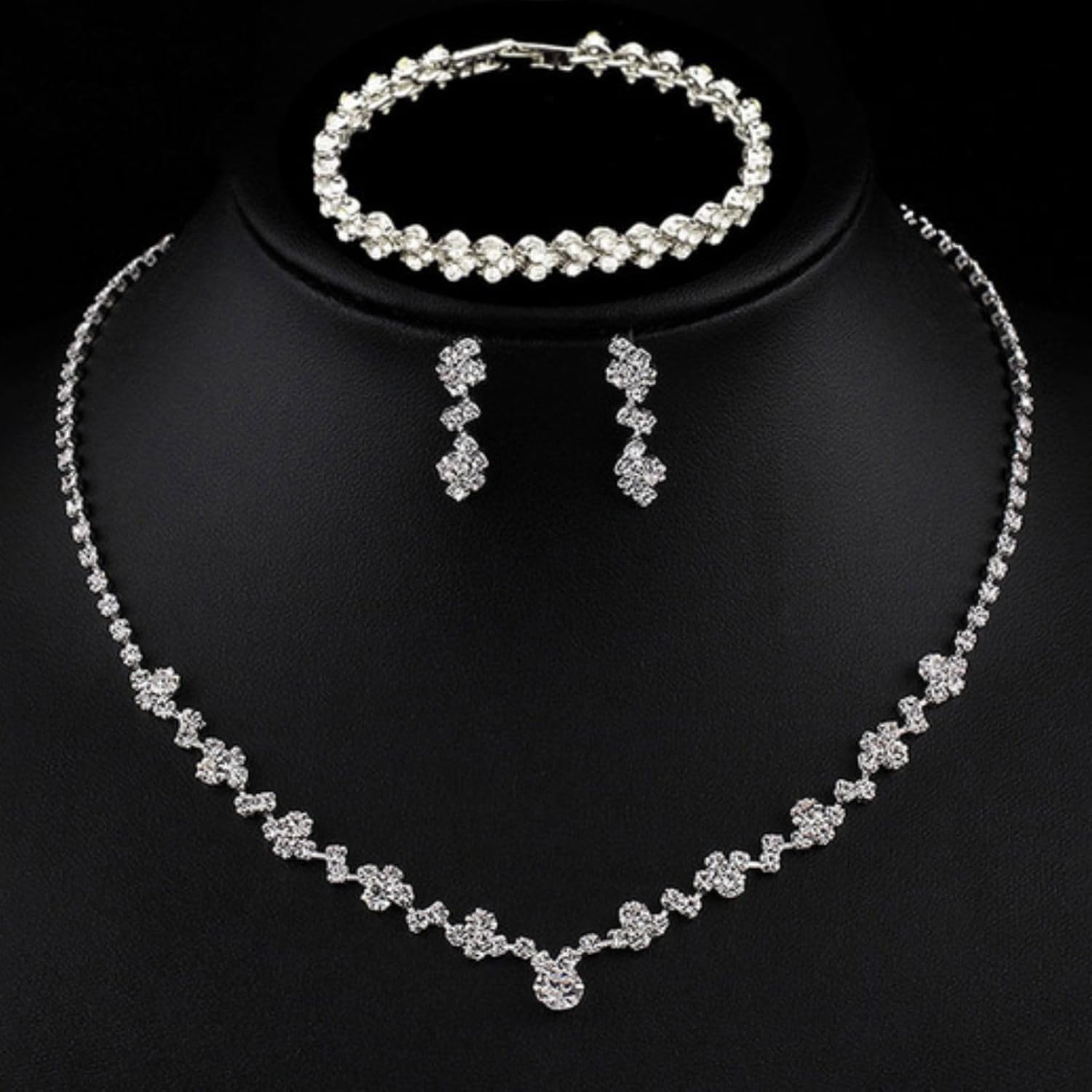 Crystal Wedding Jewelry Set, Silver Necklace Earrings Bracelet Crystal Bridal Wedding Jewelry Sets for Brides Bridesmaid Prom Costume Accessories
