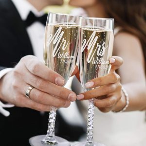 Mr. Mrs. Centerpieces Set of 2 Custom Engraved Wedding Flutes Wine Champagne Newlyweds Bride Groom Anniversary for Couples