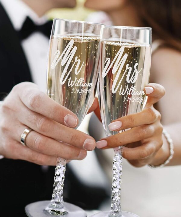 Mr. Mrs. Centerpieces Set of 2 Custom Engraved Wedding Flutes Wine Champagne Newlyweds Bride Groom Anniversary for Couples