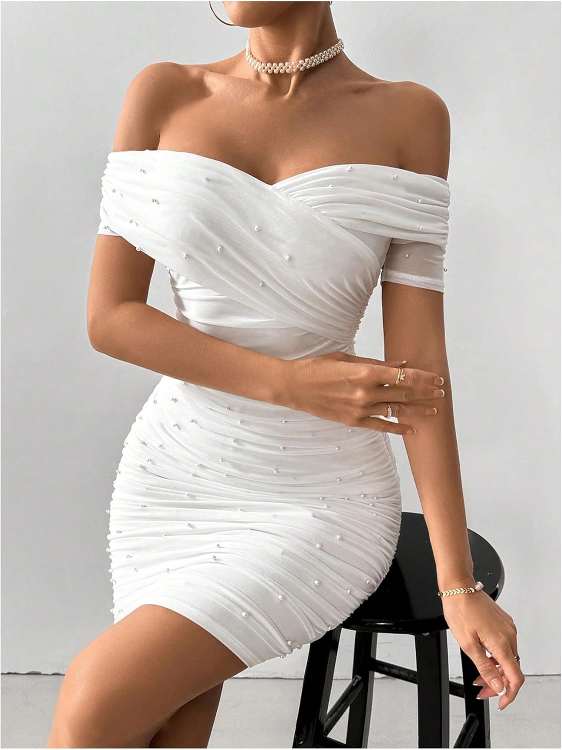 Floerns Women’s Pearl Beaded Off Shoulder Short Dress Short Sleeve Bodycon Party Dresses