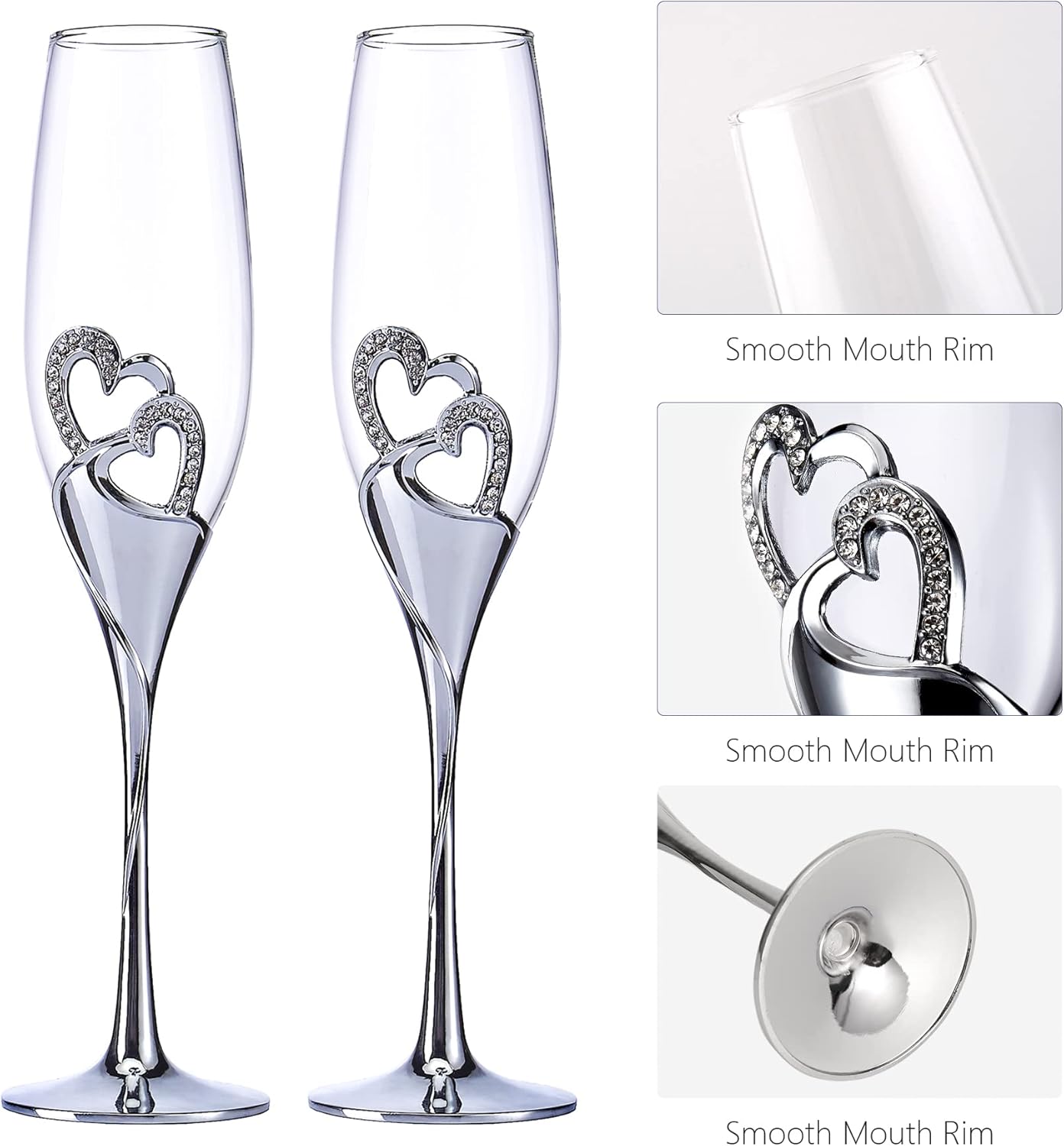 LANLONG Wedding Champagne Goblets Toasting Flute Glasses for Bride and Groom Creative Deluxe Glass Cups with Rhinestone Rimmed Heart Decoration Gift Set