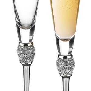 2 Piece Elegant Crystal Set Wedding Champagne Glasses with Diamond Rhinestone Accents and a Polished Silver Rim - 11 in Tall with Slender Long Stem, 7 oz - Chic Toasting Set for the Bride and Groom