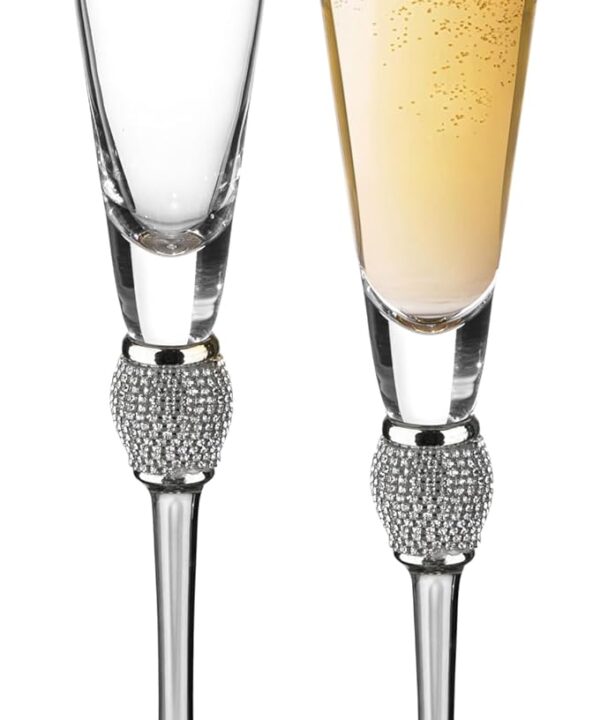 2 Piece Elegant Crystal Set Wedding Champagne Glasses with Diamond Rhinestone Accents and a Polished Silver Rim - 11 in Tall with Slender Long Stem, 7 oz - Chic Toasting Set for the Bride and Groom