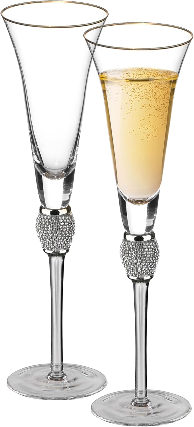 2 Piece Elegant Crystal Set Wedding Champagne Glasses with Diamond Rhinestone Accents and a Polished Silver Rim - 11 in Tall with Slender Long Stem, 7 oz - Chic Toasting Set for the Bride and Groom