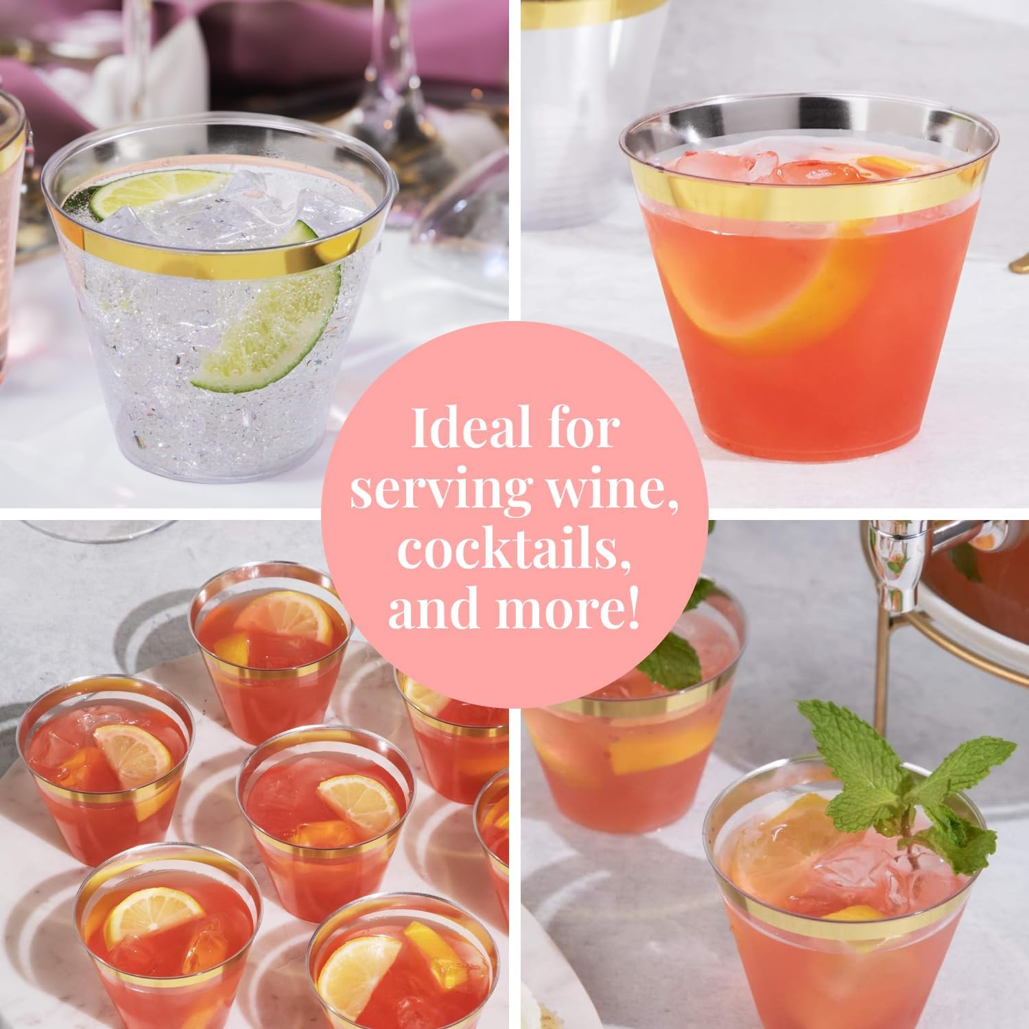 Prestee 100-Pack 9oz Gold Rimmed Plastic Cups Disposable Wine Glasses for Charcuterie, Weddings, Parties, and Events – Elegant Cocktail and Drinking Cups for Champagne, Martini, and Mocktails