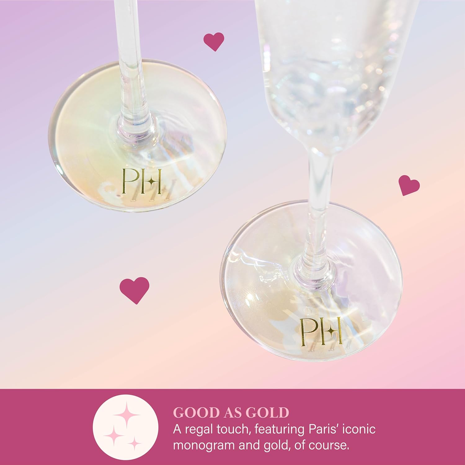 Paris Hilton Heart Shaped Champagne Flute Gift Set, Elegant Handmade Glassware Set, Perfect for Celebrations, Weddings or any Special Occasion, 2-Piece Set, 5.5-Ounce, Iridescent with Gold Rim
