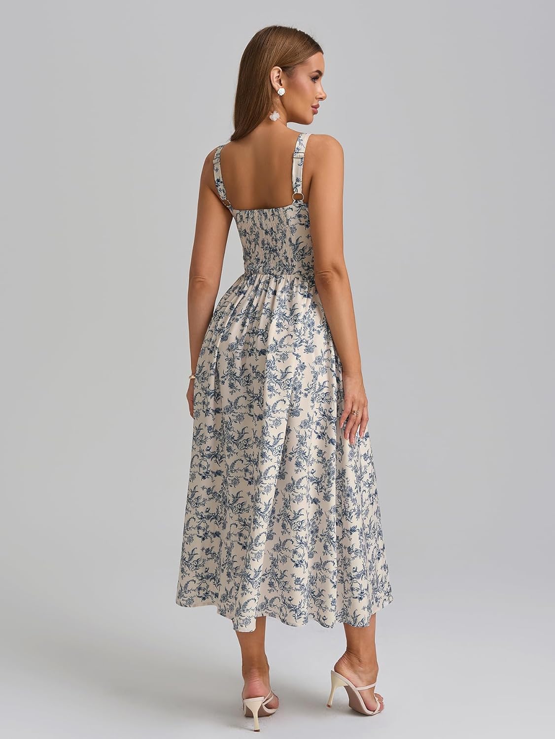 KUTUMAI Floral Corset Midi Dress Flowy Slit Summer Spring Wedding Guest Dresses for Women Sundress with Pockets