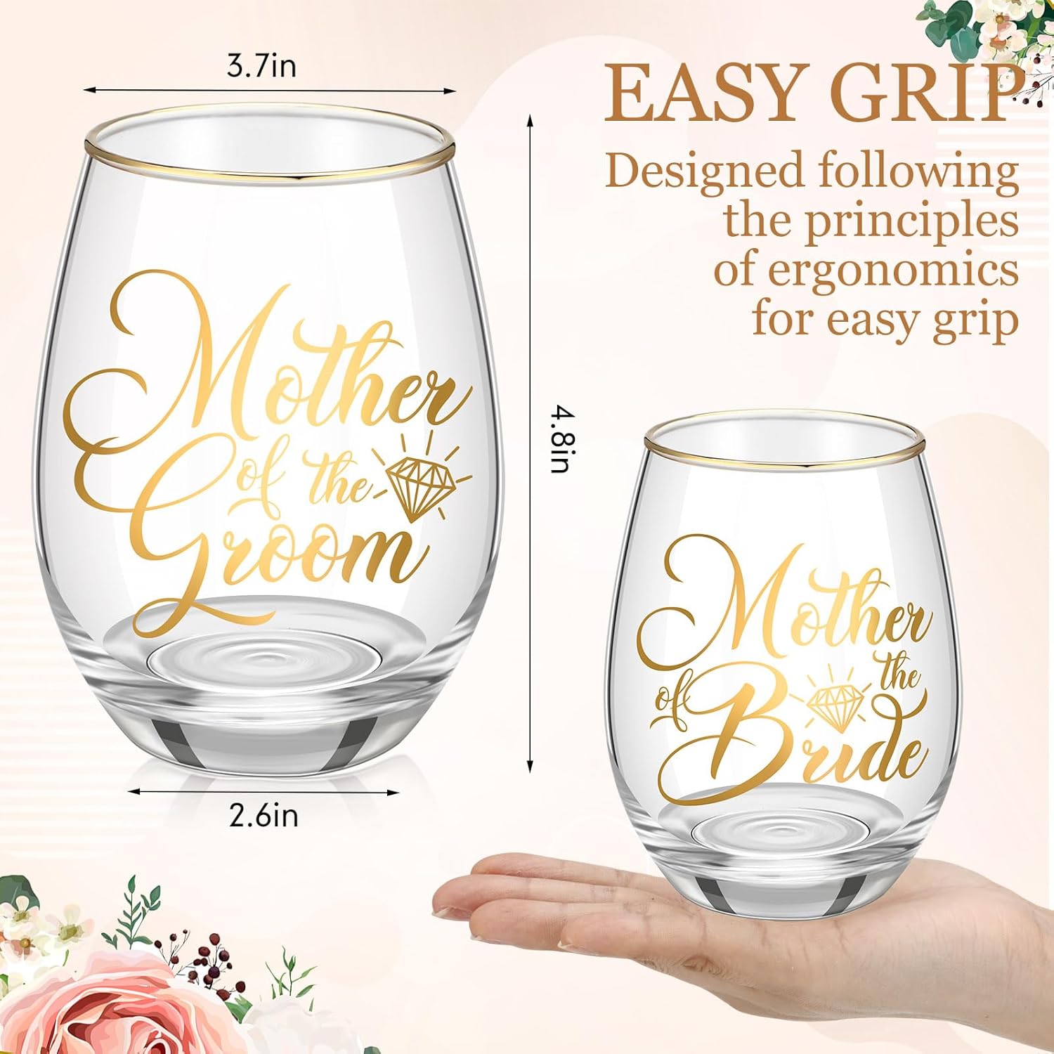 2 Pcs Mother of the Bride and Groom Gifts Wine Glasses Drink Cup 15 Ounce Stemless Wedding Toasting Glass Tumbler Wedding Proposal Gift for Mother(Gold)