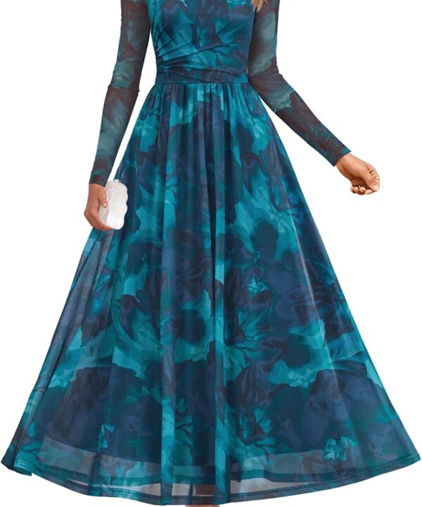 ZESICA Women's Maxi Dress 2025 Fall Long Sleeve Crewneck Floral Print Mesh Ruched Party Wedding Guest Dresses