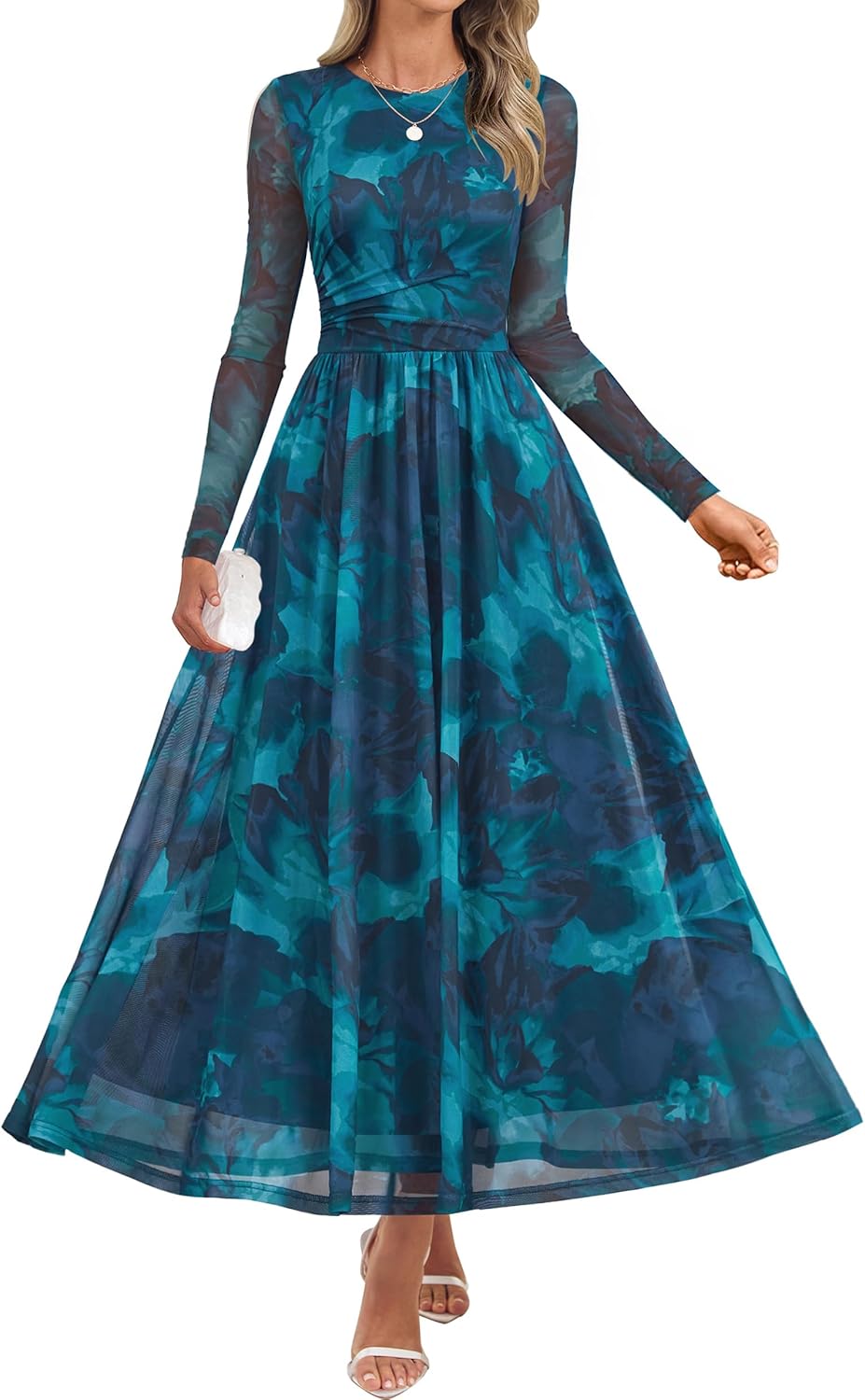 ZESICA Women's Maxi Dress 2025 Fall Long Sleeve Crewneck Floral Print Mesh Ruched Party Wedding Guest Dresses