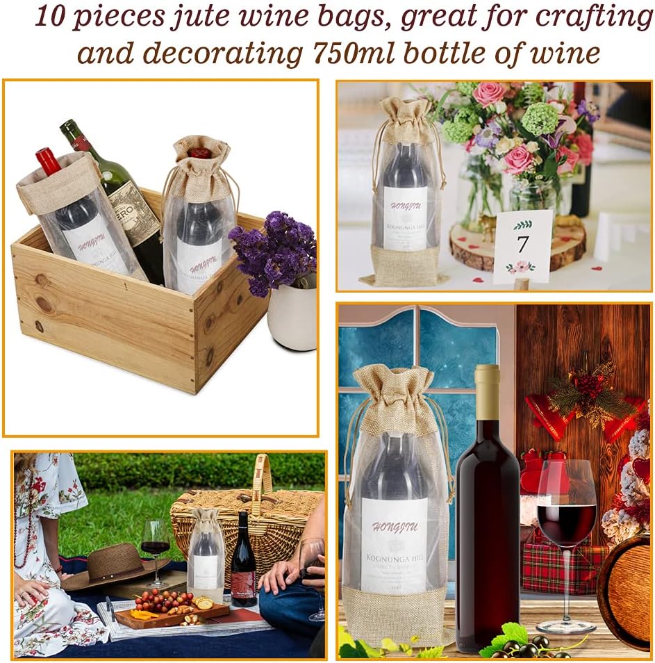 Wine Gift Bags, 10pcs Burlap Jute Bottle Bags 750ml with Sheer Window Organza Hessian Drawstring Pouches for Wedding Festival Wine Tasting Party Favors (14 x 6.3 inches)