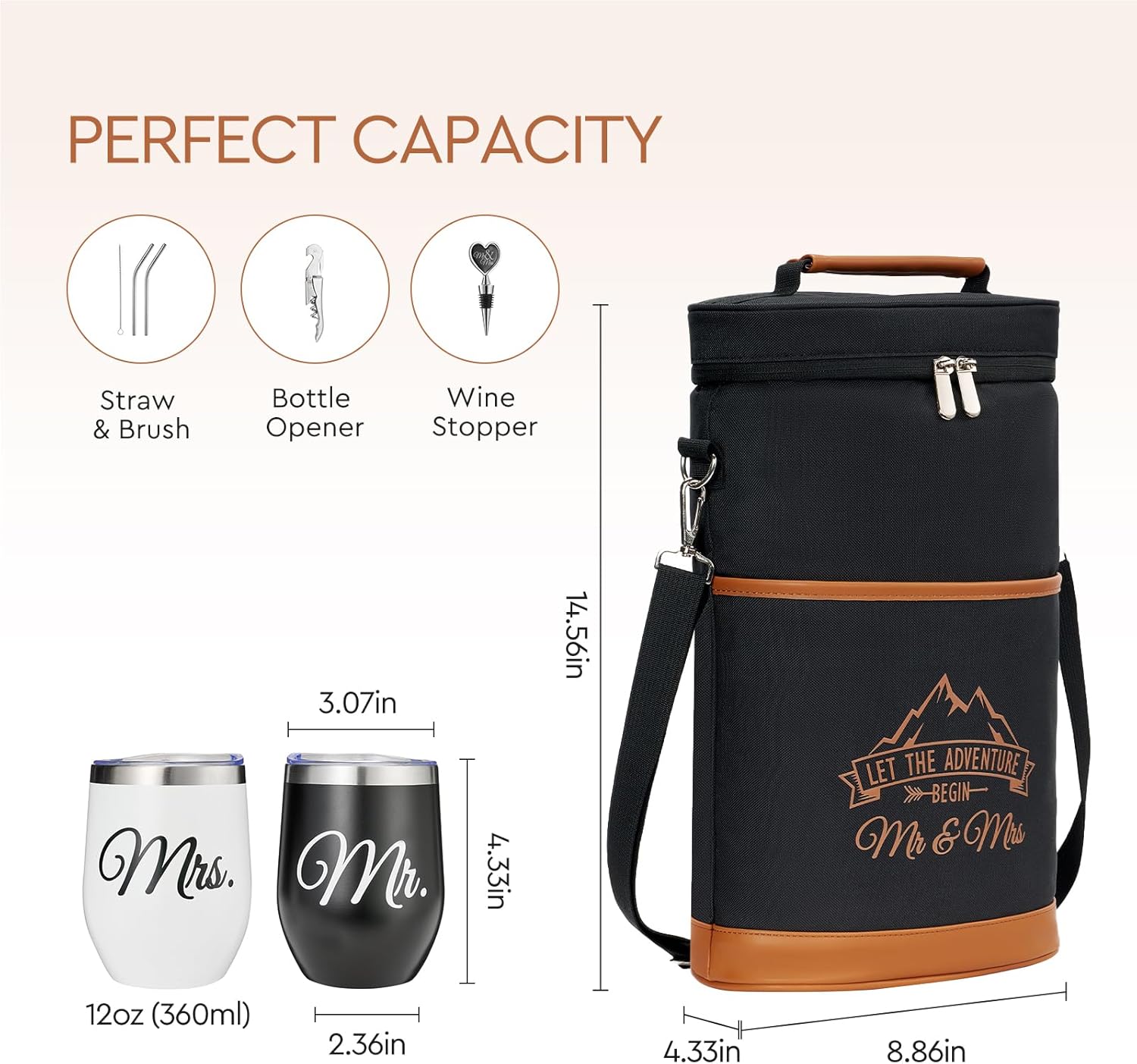 AW BRIDAL Wedding Gifts for Bride Groom, Mr and Mrs Wine Gift Basket for Engagement Bachelorette Party, Anniversary Insulated Wine Cooler Bag Tumblers with Accessories Set for Honeymoon Beach Travel