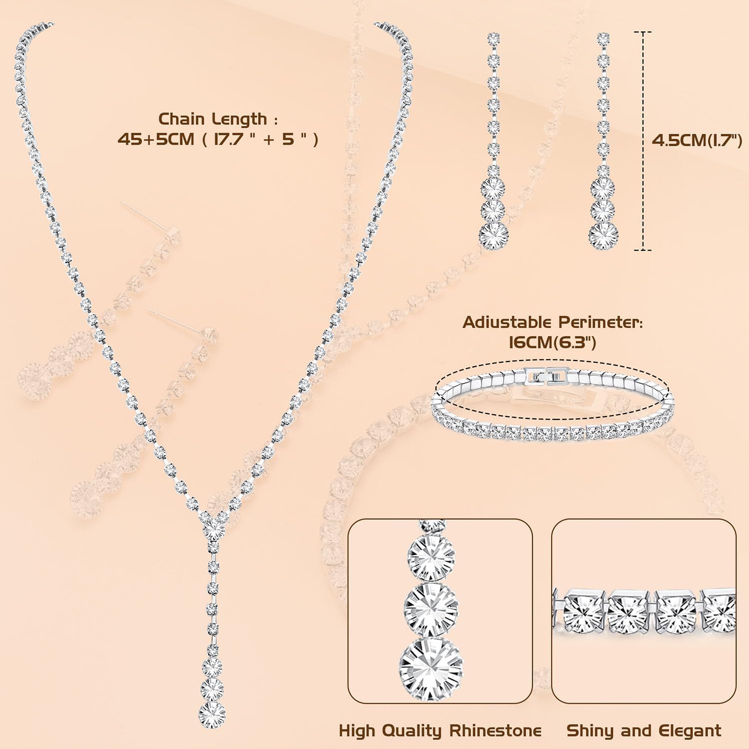 Jstyle Silver Bridal Jewelry Set for Women Rhinestone Necklace Dangle Earrings Bracelet Set Wedding Jewelry Sets for Brides Bridesmaid Crystal Prom Costume Jewelry Accessories for Women
