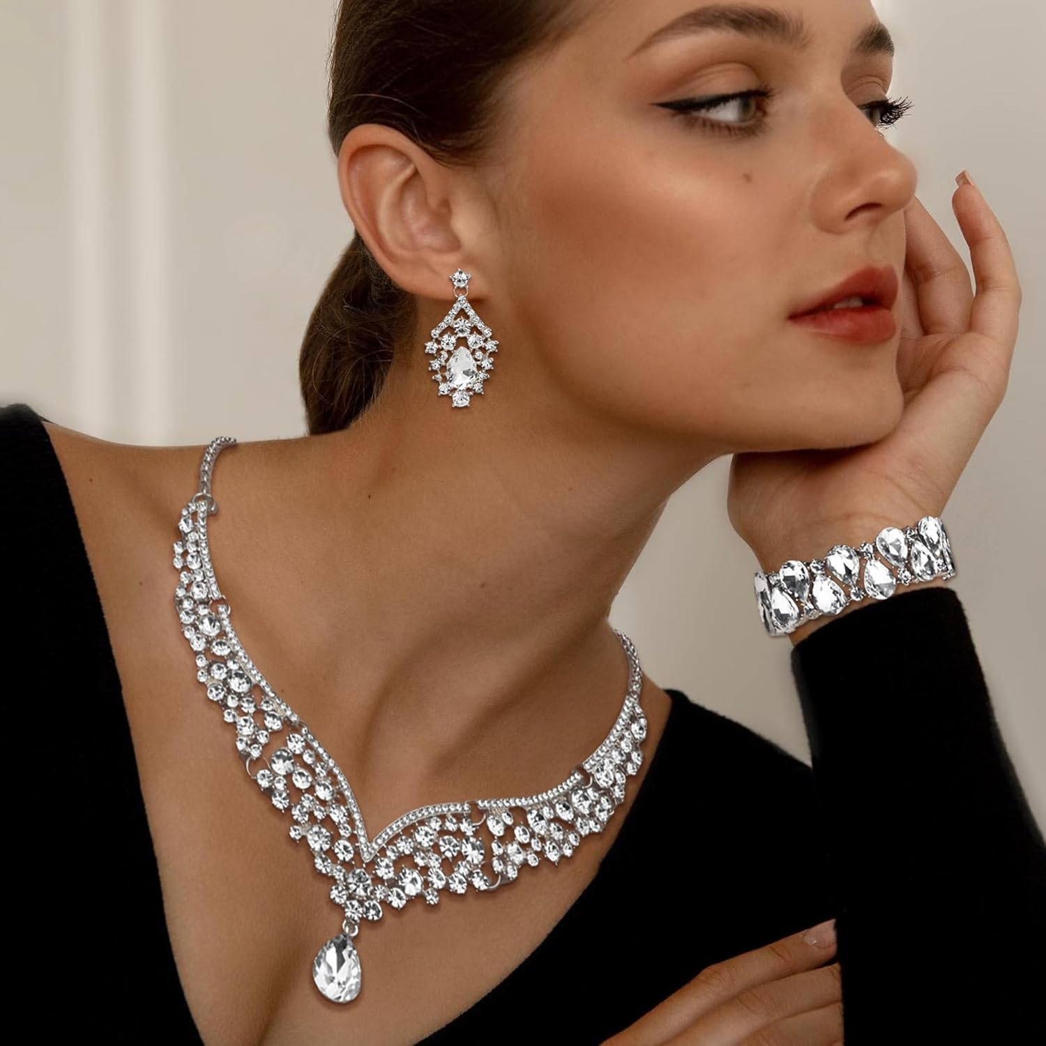 IRONBOX Crystal Wedding Bridal Jewelry Set for Women Prom Sliver Rhinestone Teardrop Necklace Earrings Bracelet Wedding Bridesmaid Gifts Fit with Wedding Dress