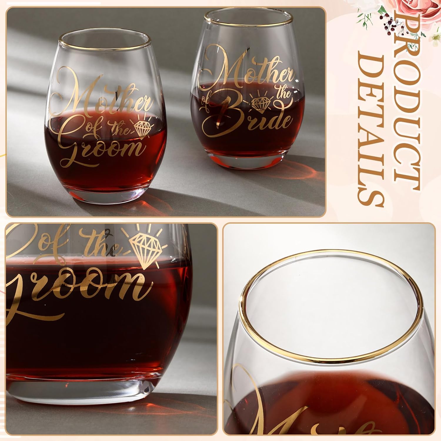 2 Pcs Mother of the Bride and Groom Gifts Wine Glasses Drink Cup 15 Ounce Stemless Wedding Toasting Glass Tumbler Wedding Proposal Gift for Mother(Gold)