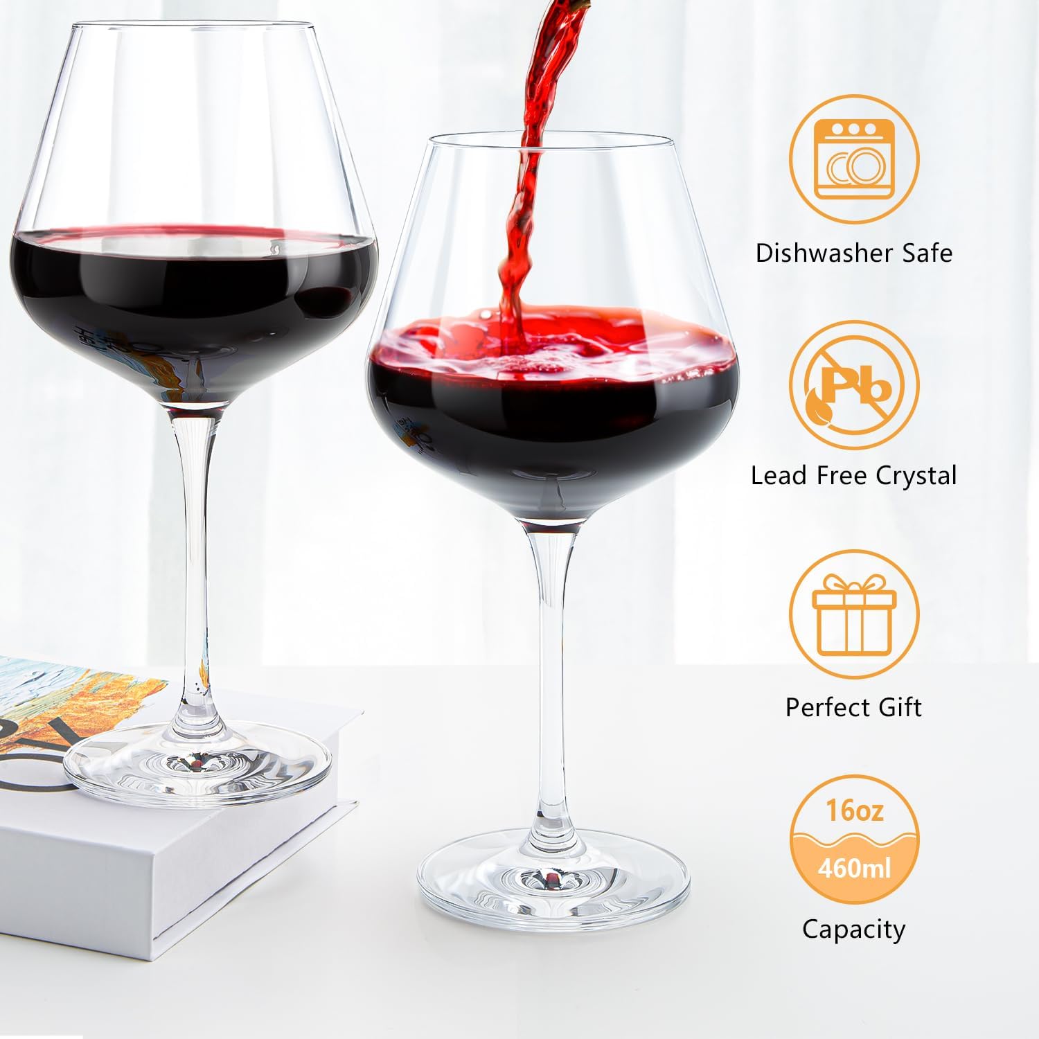 Crystal Red Wine Glasses Set of 4 16 oz Elegant Long Stem Wine Glasses in Gift Box, Premium Glassware for Wedding, Anniversary, Birthday Gifts