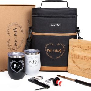 Hap Tim Wedding Gifts for Couples, Bridal Shower Gifts, Engagement Gifts for Newlyweds, Mr and Mrs gifts - Wine Cooler Bag Insulated Wine Carrier Tote with Tumblers, Bamboo Cheese Borad