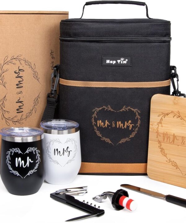 Hap Tim Wedding Gifts for Couples, Bridal Shower Gifts, Engagement Gifts for Newlyweds, Mr and Mrs gifts - Wine Cooler Bag Insulated Wine Carrier Tote with Tumblers, Bamboo Cheese Borad