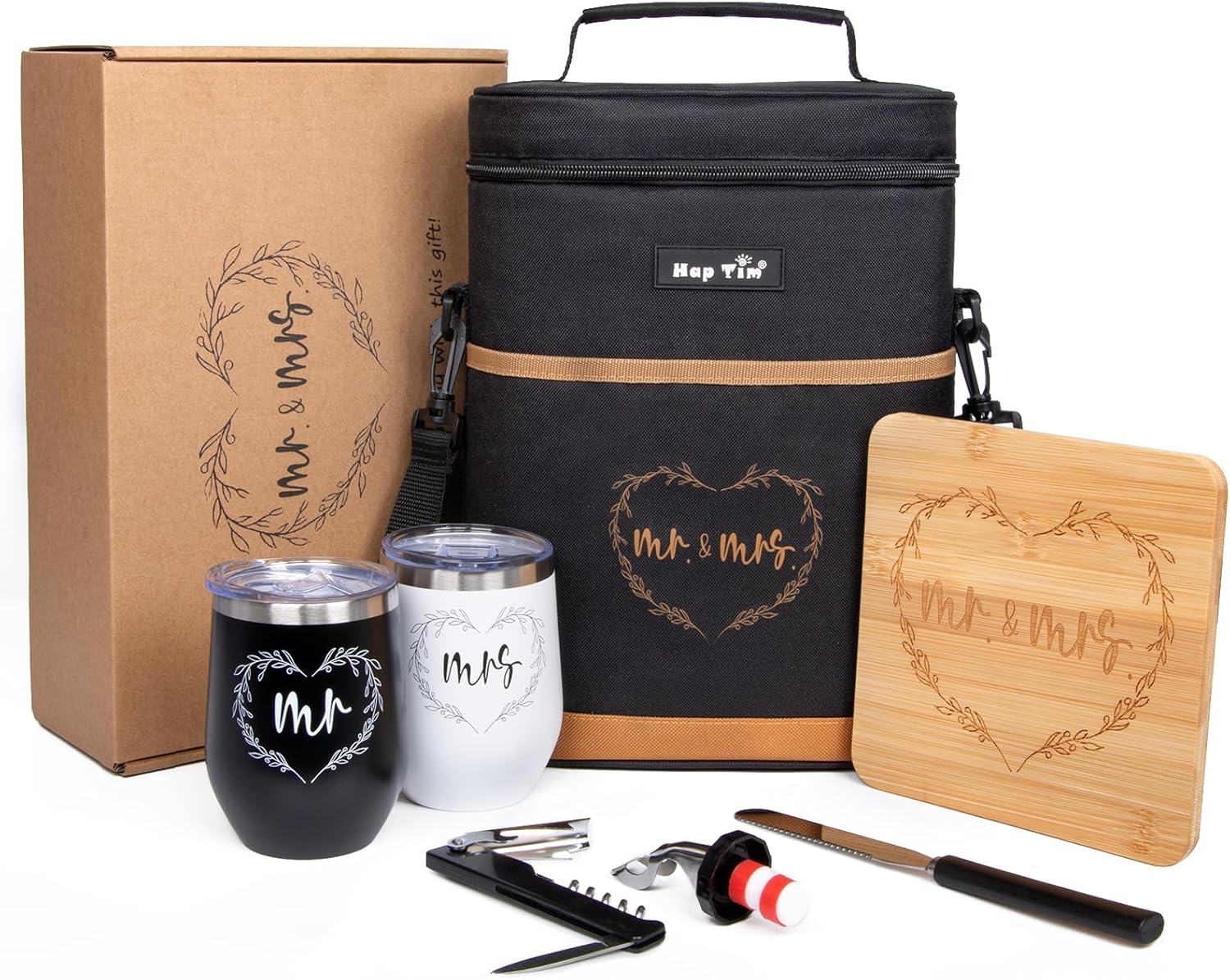 Hap Tim Wedding Gifts for Couples, Bridal Shower Gifts, Engagement Gifts for Newlyweds, Mr and Mrs gifts - Wine Cooler Bag Insulated Wine Carrier Tote with Tumblers, Bamboo Cheese Borad