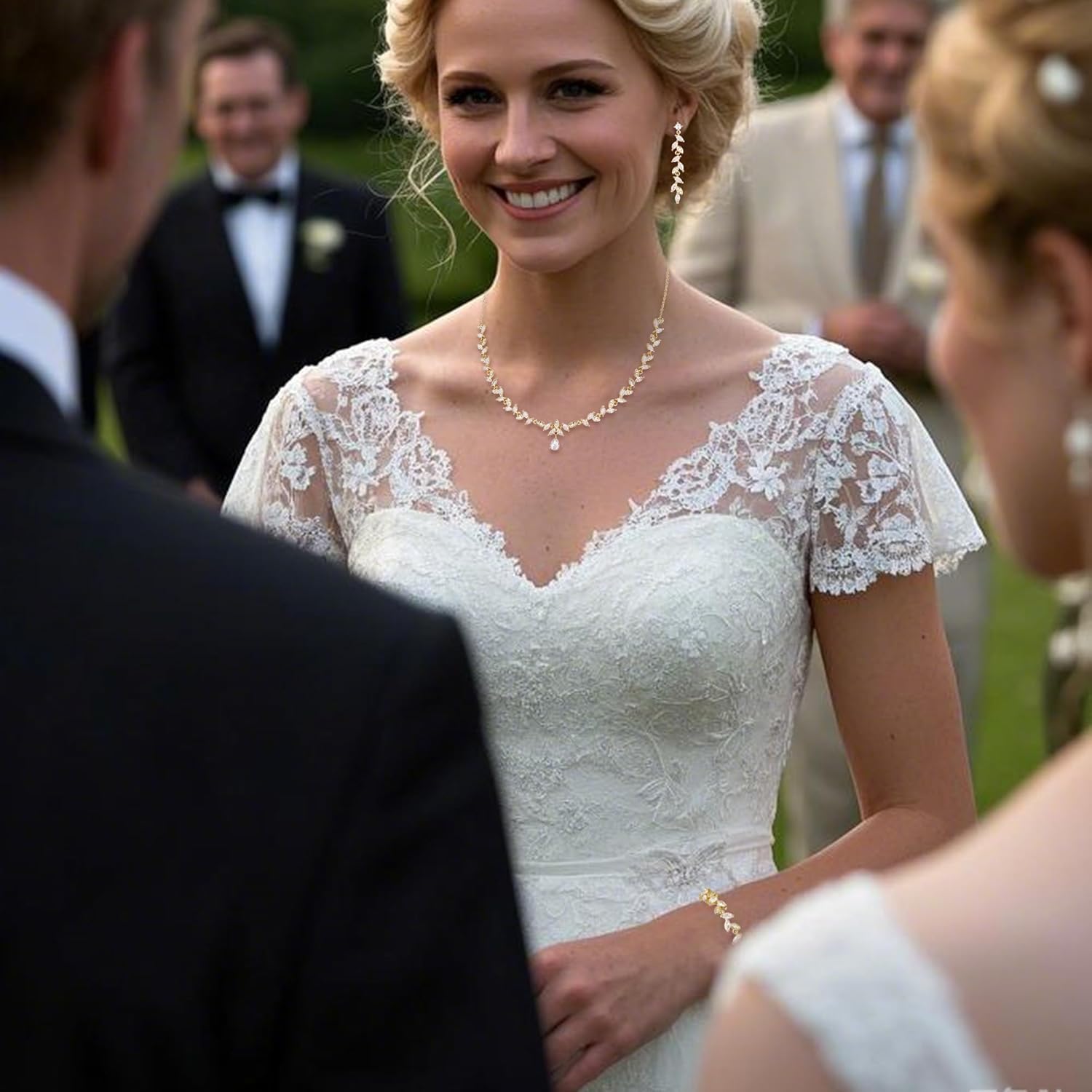 BriLove Wedding Bridal Jewelry for Women Cubic Zirconia Marquise Teardrop Leaf Cluster Y-Necklace Dangle Earrings Link Bracelet Set