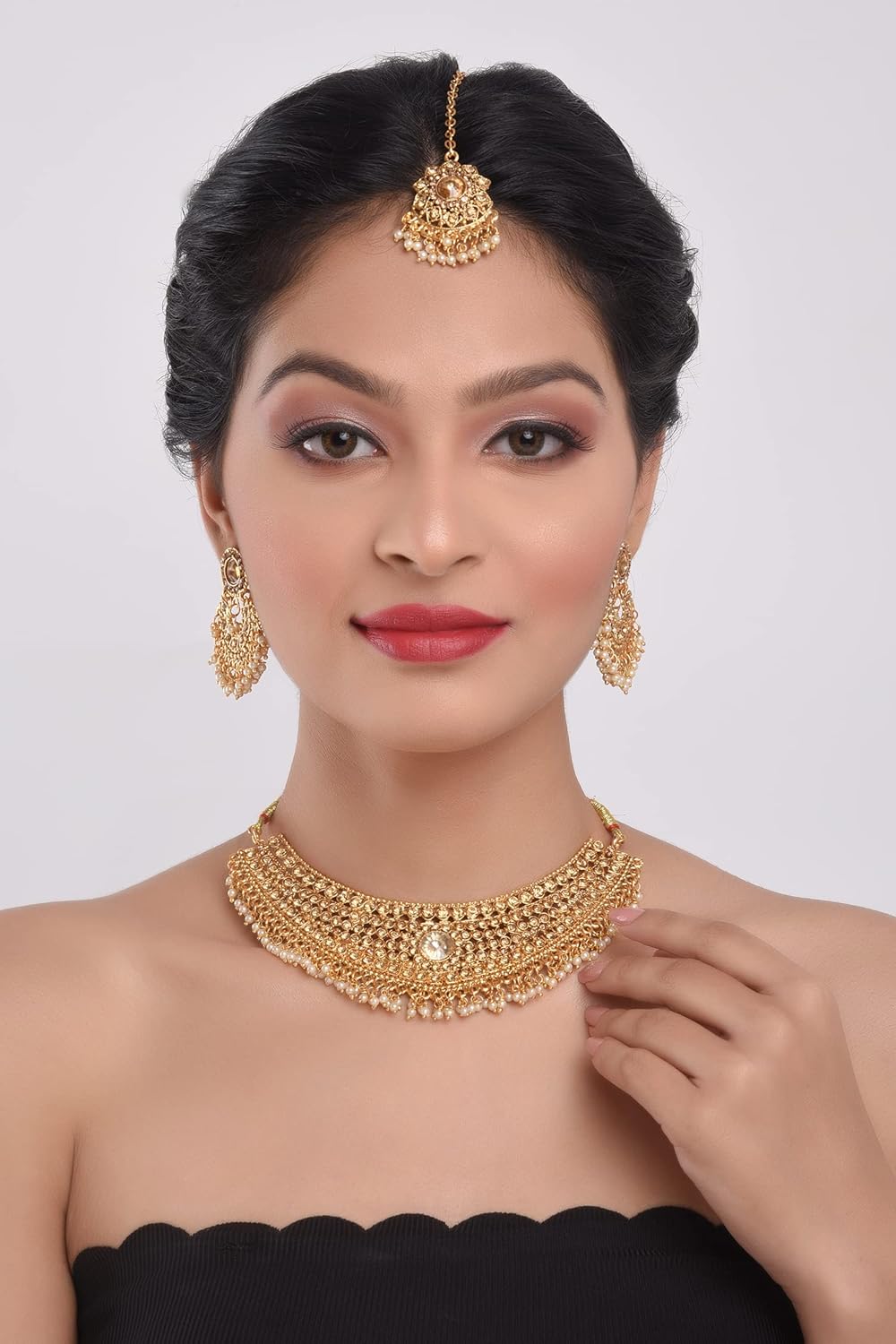 Efulgenz Indian Jewelry Sets for Women Bridal Jewelry Bollywood Traditional Crystal Faux Pearl Wedding Choker Necklace Earrings Maang Tikka Indian Wedding Jewelry