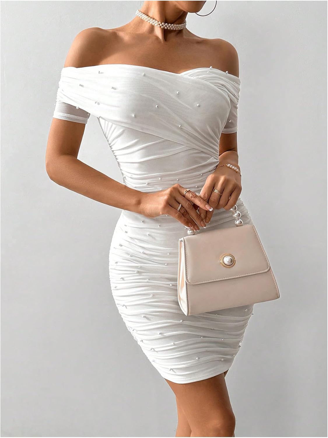 Floerns Women’s Pearl Beaded Off Shoulder Short Dress Short Sleeve Bodycon Party Dresses