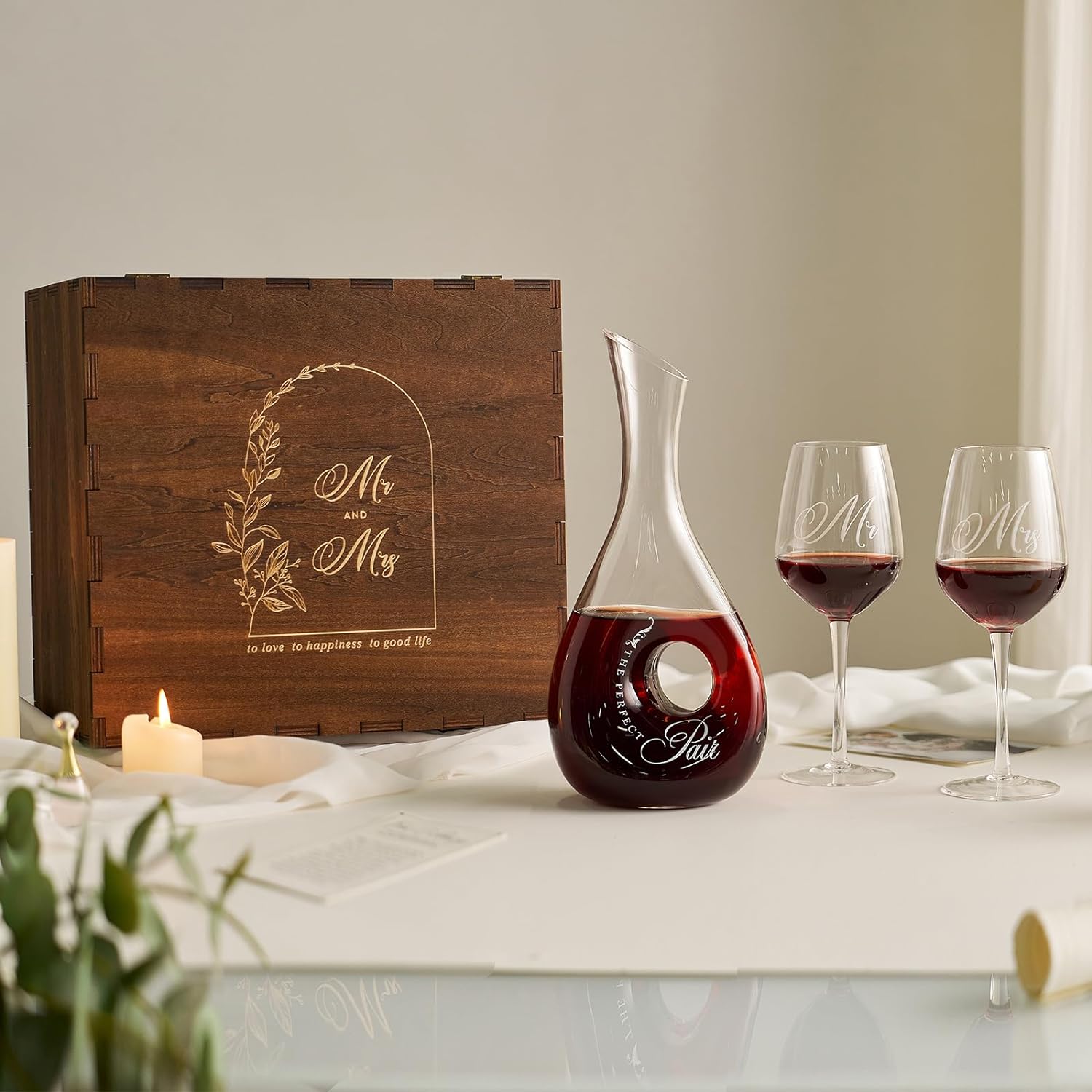 AW BRIDAL Mr and Mrs Wine Glasses and Decanter Set, Wedding Bridal Shower Engagement Gift for Couples 2025, Wedding Glasses for Anniversary Bride Bachelorette with Wood Keepsake Box