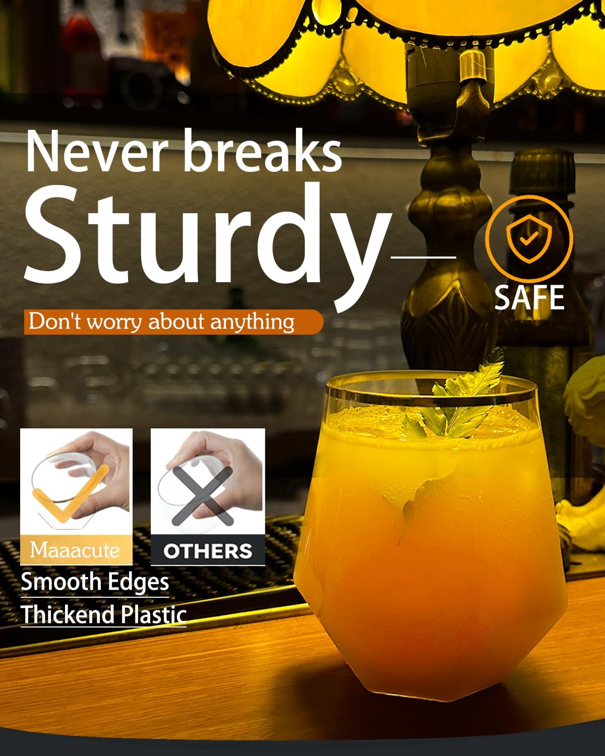 40 Pcak Plastic Stemless Wine cocktail Whiskey Champagne Glasses, 12 Oz Gold Rim Disposable Clear Unbreakable Cups for Party Bars Wedding Tasting (Diamond-shaped)