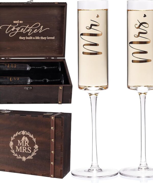 Physkoa Wedding Champagne Flutes-Toasting Mr and Mrs Champagne Glasses with Keepsake Box Bride and Groom Champagne Glasses