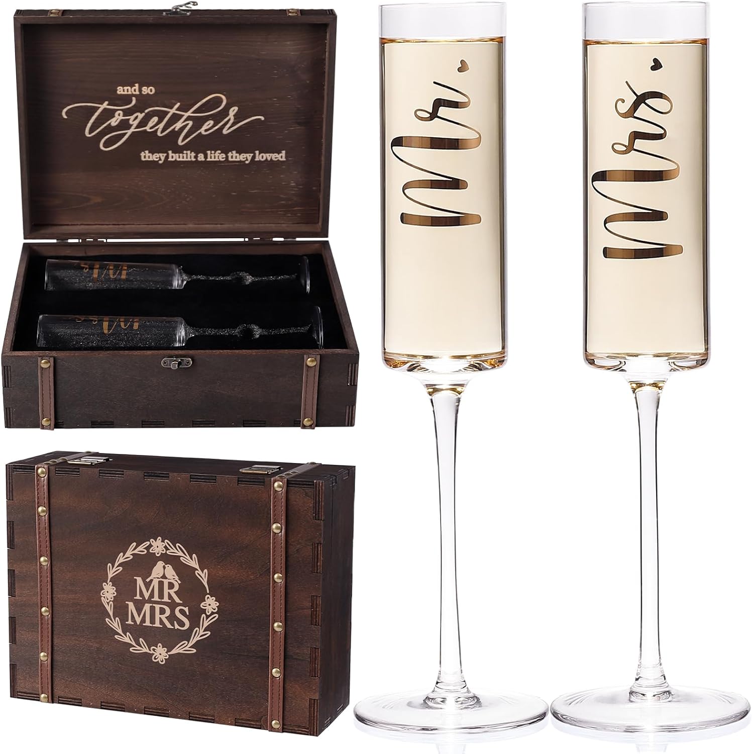 Physkoa Wedding Champagne Flutes-Toasting Mr and Mrs Champagne Glasses with Keepsake Box Bride and Groom Champagne Glasses