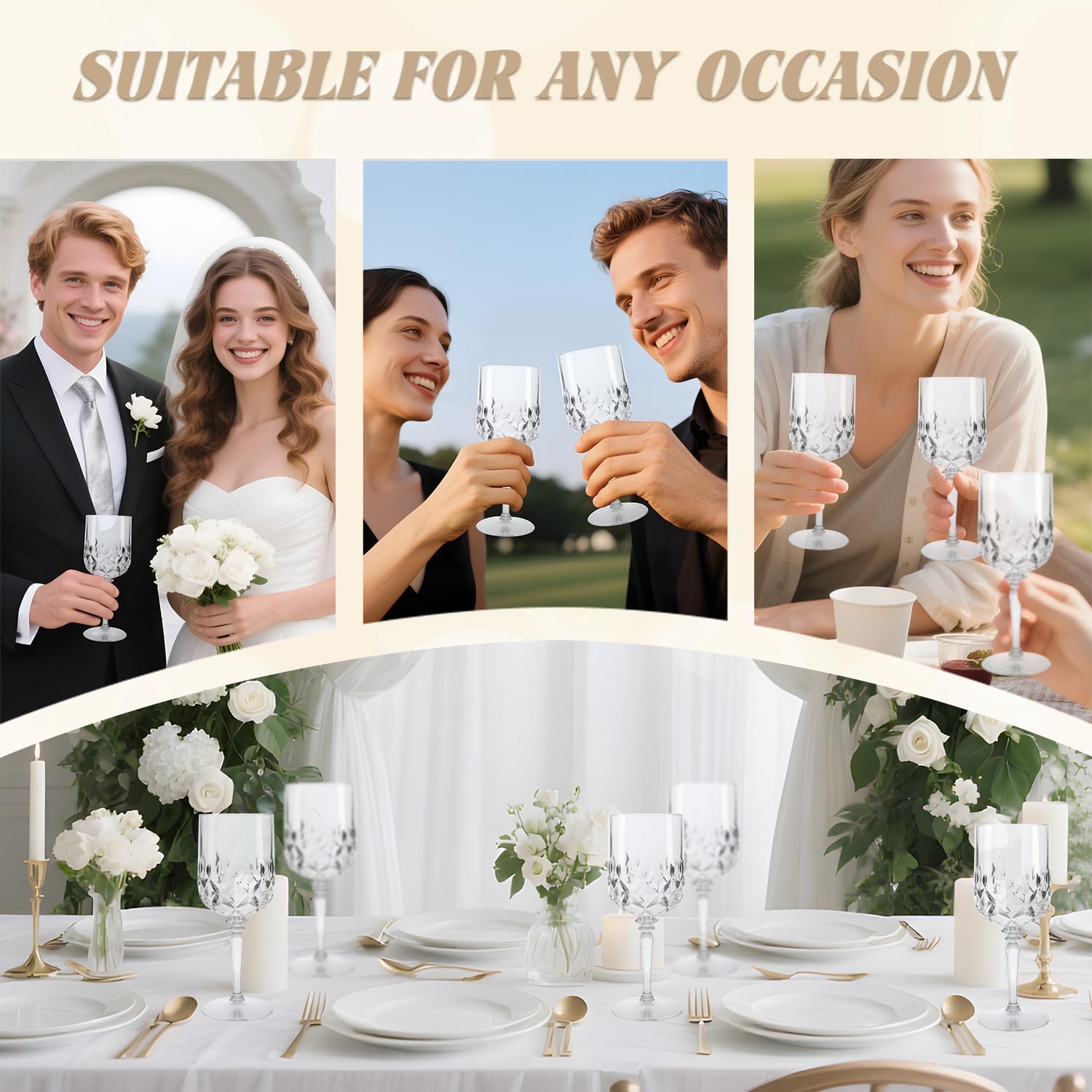 Detachable Plastic Wine Glasses 12oz (Set of 12, Clear), Unbreakable Reusable BPA-Free Vintage Goblets Stemmed Drinking Glasses, for Weddings Parties Events, Diamond-Cut Design