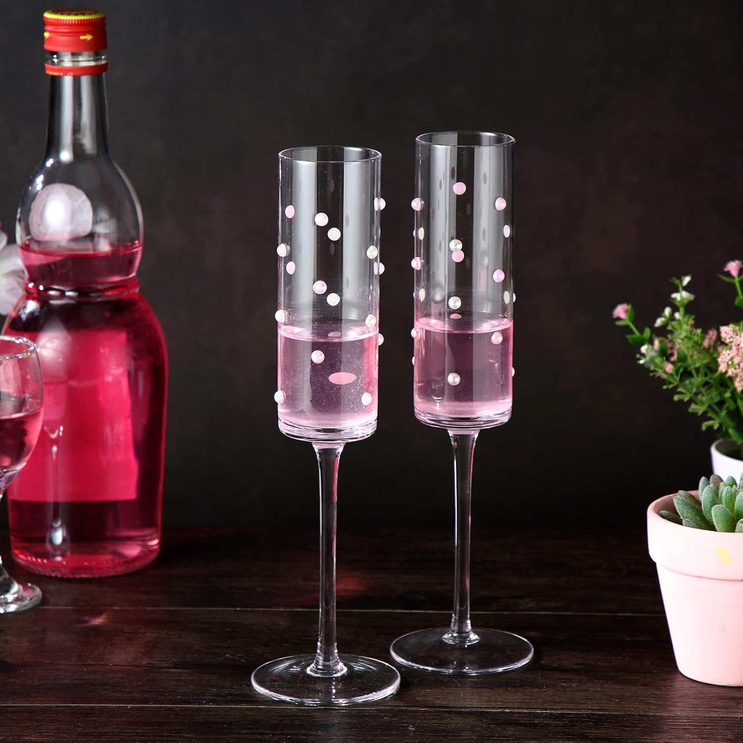 2 Pcs Pearl Wedding Champagne Flutes with Faux Pink and White Pearl 6 oz Clear Glass Long Stem Bride and Groom Toasting Glass for Bridal Shower, Wedding, Engagement, Anniversary for Couples